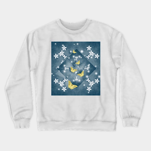 Gold butterflies and white flowers Crewneck Sweatshirt by hereswendy